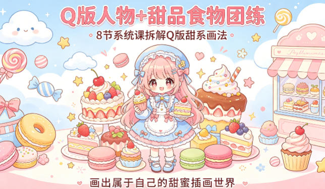 Q版人物+甜品食物团练，8节系统课拆解Q版甜系画法，画出属于自己的甜蜜插画世界-鸿图网创
