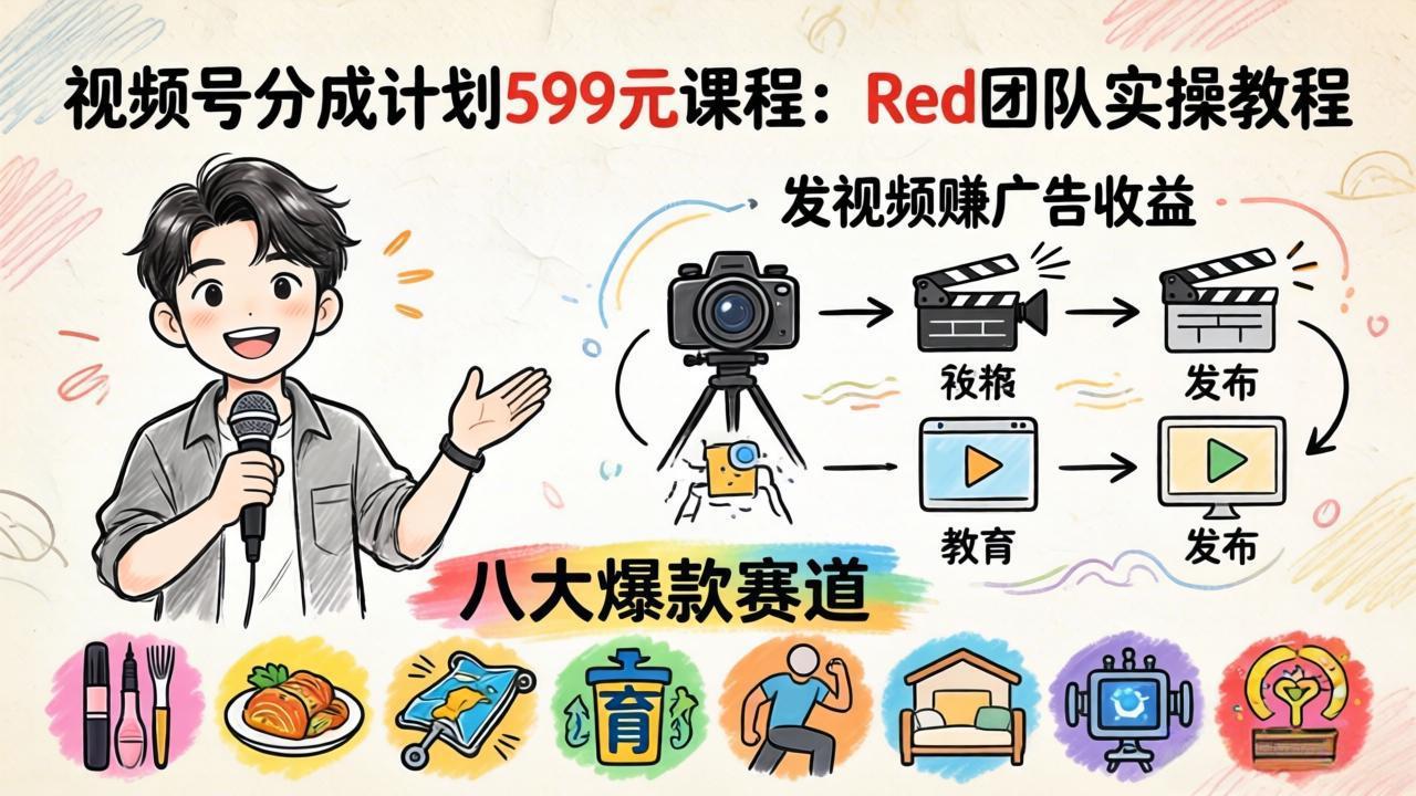 视频号分成计划599元课程：Red团队实操教程，发视频赚广告收益，八大爆款赛道全掌握-鸿图网创