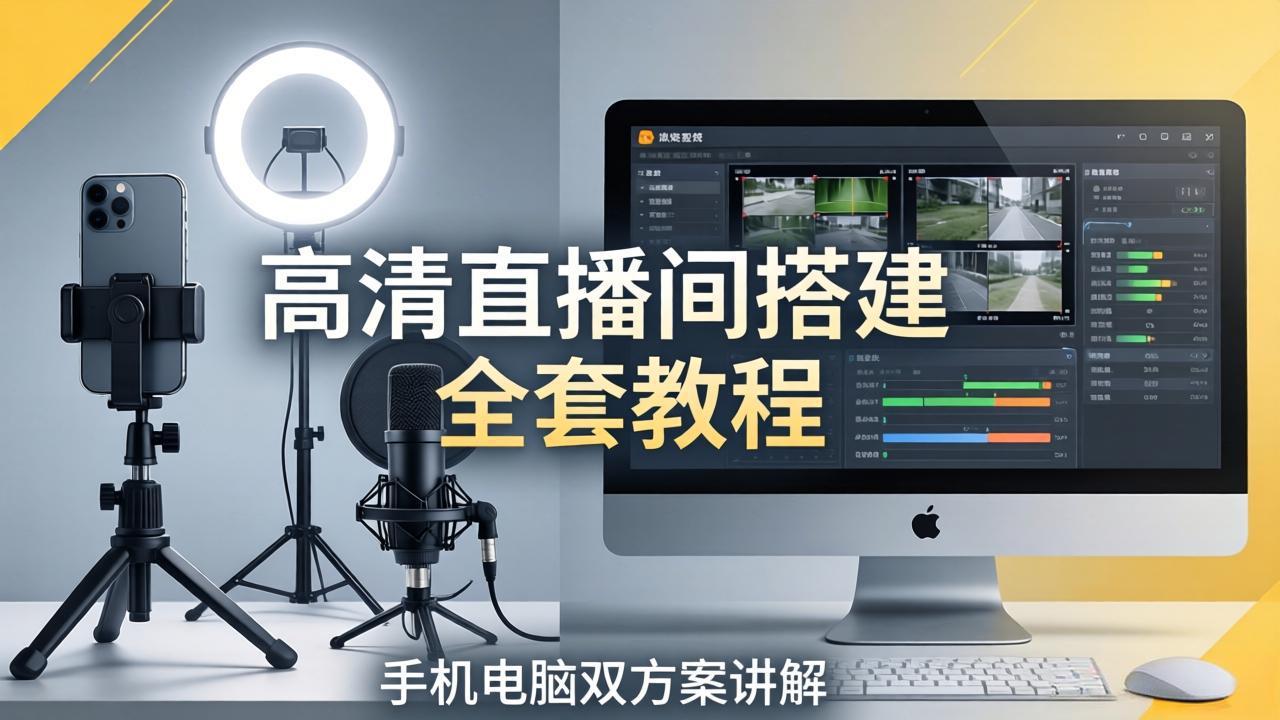 高清直播间搭建全套教程，手机电脑双方案讲解，设备选型调试多机位实操教学-鸿图网创
