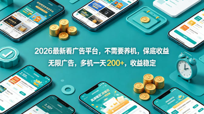 2026最新看广告平台，不需要养机，保底收益，无限广告，多机一天200+，收益稳定【揭秘】-鸿图网创