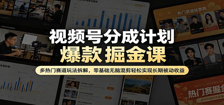 视频号分成计划爆款掘金课：多热门赛道玩法拆解，零基础无脑混剪轻松实现长期被动收益-鸿图网创