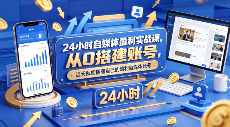 24小时自媒体盈利实战课，从0搭建账号，当天就能拥有自己的盈利自媒体账号-鸿图网创