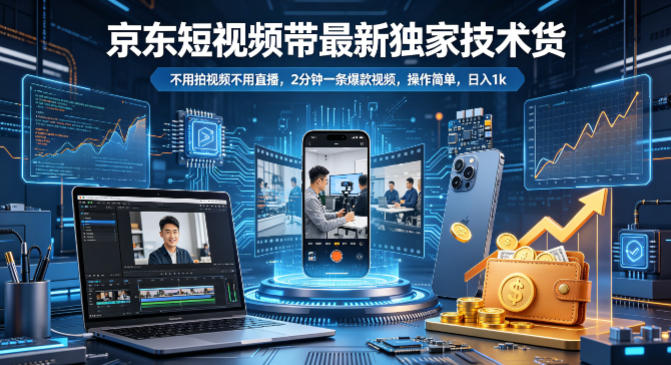 京东短视频带货最新独家技术，不用拍视频不用直播，2分钟一条爆款视频，操作简单，日入1k+【揭秘】-鸿图网创