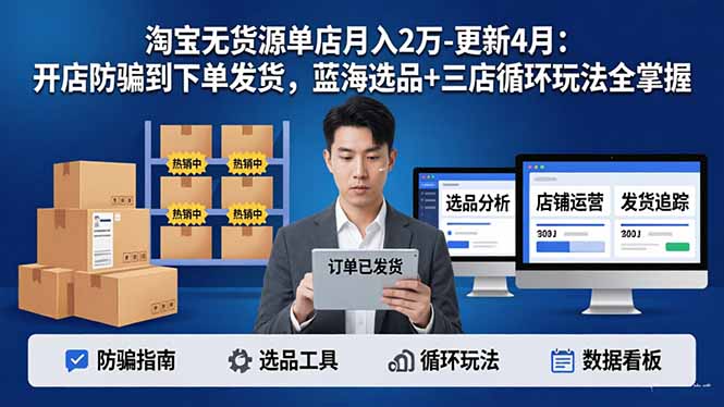 淘宝无货源5.0单店月入2万-更新4月：开店防骗到下单发货，蓝海选品+三店循环玩法全掌握-鸿图网创