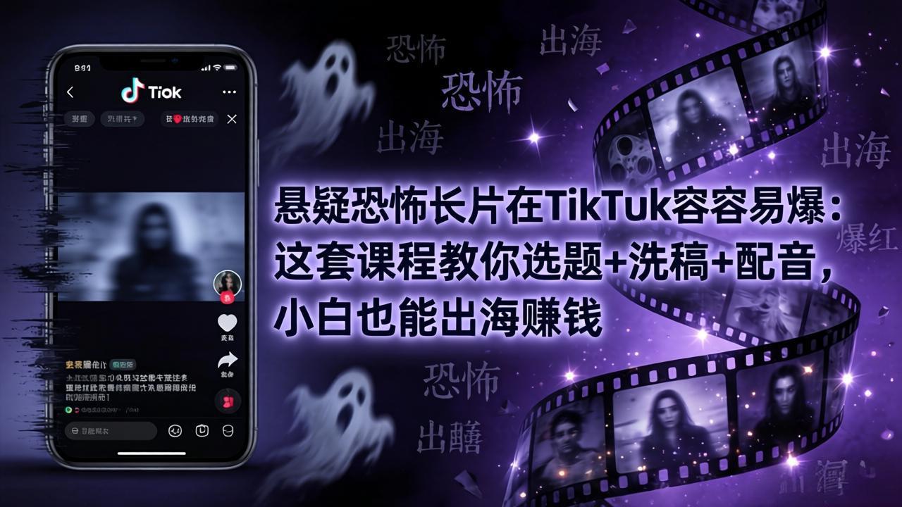 悬疑恐怖长片在TikTok最容易爆：这套课程教你选题+洗稿+配音，小白也能出海赚钱-鸿图网创