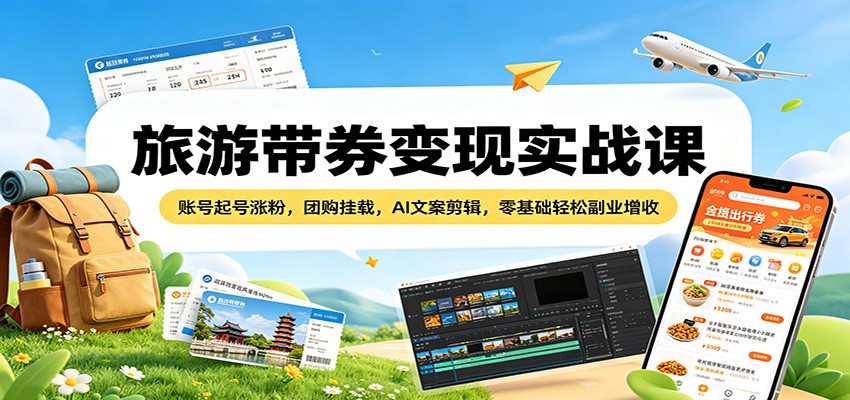旅游带券变现实战课：账号起号涨粉，团购挂载，AI文案剪辑，零基础轻松副业增收-鸿图网创