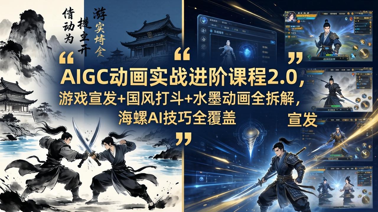 AIGC动画实战进阶课程2.0，游戏宣发+国风打斗+水墨动画全拆解，海螺AI技巧全覆盖-鸿图网创
