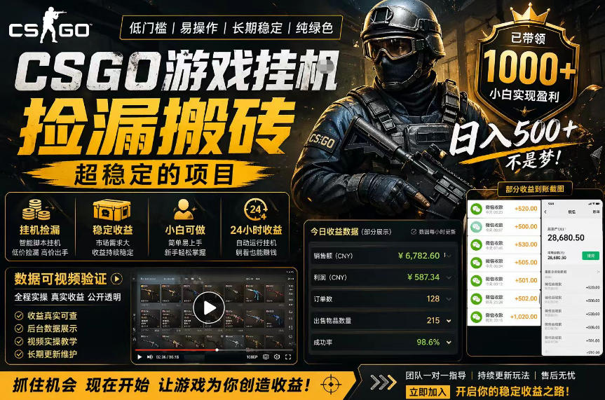 CSGO游戏搬砖，全自动挂G，不需要玩游戏，手机操作日入300+，解放双手【揭秘】-鸿图网创