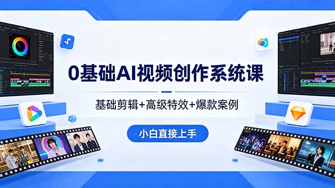 0基础AI视频创作系统课,基础剪辑+高级特效+爆款案例,小白直接上手-鸿图网创