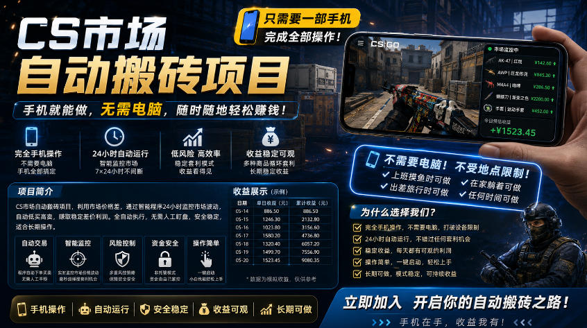 手机即可操作的CS市场自动搬砖系统|自动监控|自动下单|日入300+【揭秘】-鸿图网创