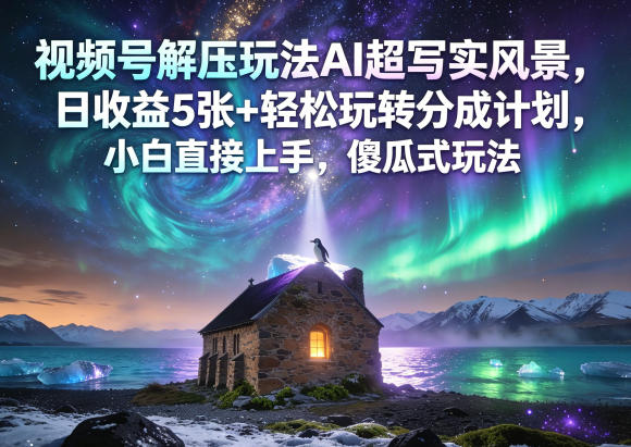 视频号解压玩法AI超写实风景，日收益5张+轻松玩转分成计划，小白直接上手，傻瓜式玩法-鸿图网创