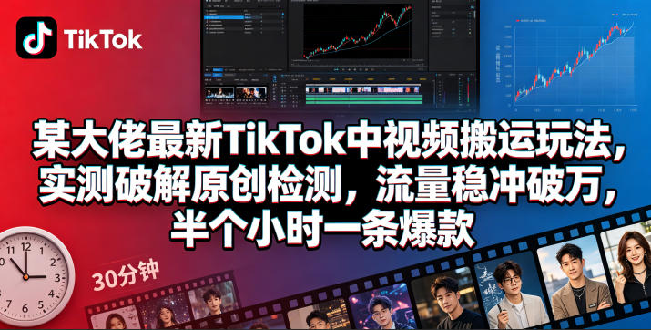 某大佬最新TikTok中视频搬运玩法,实测破解原创检测,流量稳冲破万,半个小时一条爆款-鸿图网创